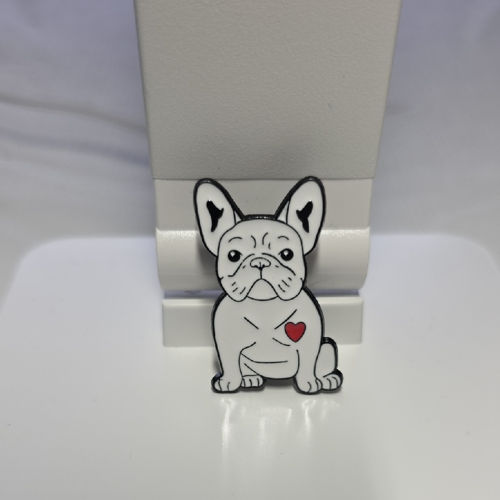 Charming White Dog Enamel Pin with Red Heart